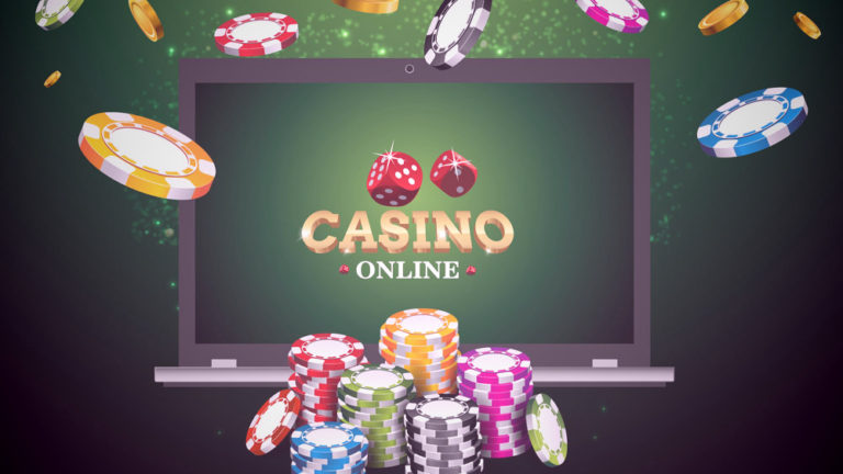 Casino online på dator med tärningar och spelmarker